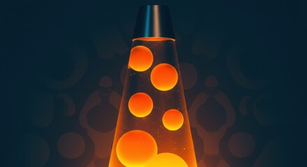 Lava lamp with glowing orange bubbles in dark background  