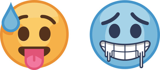 Yellow sweating emoji with tongue out and blue drooling emoji on white background emoticon face