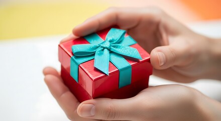 Red gift box with turquoise ribbon delicately held in caring hands