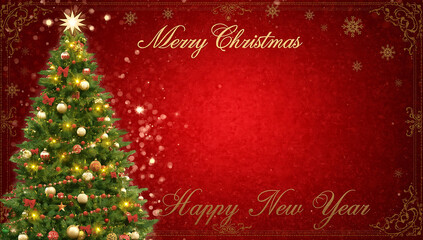 Christmas background with a tall, lush, green xmas tree decorated with ornaments, garlands, ai generative