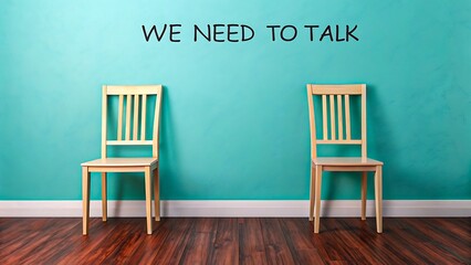 Two wooden chairs with text we need to talk on turquoise wall background
