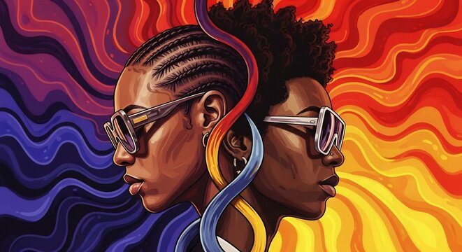 Vibrant art featuring two black women with afro hairstyles, embodying empowerment and diversity. Ideal for Black History Month, Juneteenth designs, or cultural celebration.