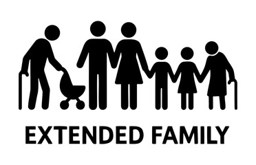 Vector illustration of an extended family group with parents children and grandparents shown