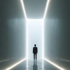 Fototapeta premium A lone figure stands at the gateway of luminous opportunity and spatial progression