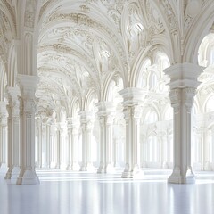 Majestic White Baroque Interior with Ornate Columns and Arched Windows in Natural Light