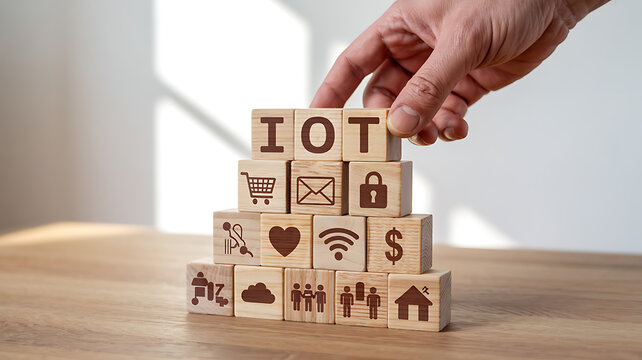 Building the Internet of Things by stacking wooden blocks with icons representing connectivity and life