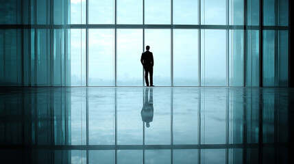 A contemplative businessman gazes out of expansive office windows toward the city