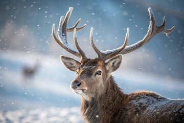 A close-up portrait of a deer with large antlers covered in frost,