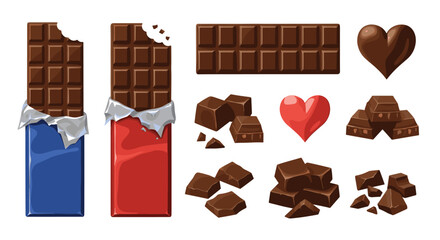 Delicious chocolate bars pieces and heart shapes for sweet indulgence and celebrations