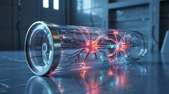 Vibrant neural network pulsing with energy inside futuristic scientific laboratory tube
