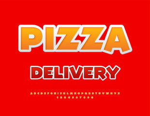 Vector Funny board Pizza Delivery. Orange Sticker Font. Trendy Alphabet Letters and Numbers set.