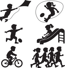 Silhouette Collection Of Children Playing Outdoor Games On White Background Keywords: children