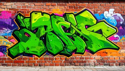Vibrant Green Graffiti Tag on Urban Brick Wall with Colorful Street Art.
