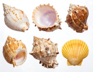 A collection of six seashells showcasing different shapes and textures