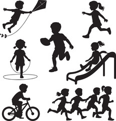 Children Silhouettes Playing Outdoors Kite Jumping Rope Sliding Biking Running Keywords: child