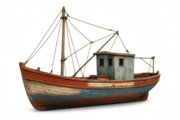 Small and colorful wooden fishing boat with cabin isolated on transparent background, perfect for your marine-themed projects