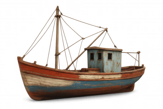 Small and colorful wooden fishing boat with cabin isolated on transparent background, perfect for your marine-themed projects