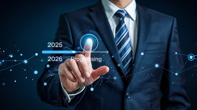Businessman's hand interacting with futuristic progress timeline, visualizing future growth and success in 2025 and 2026.