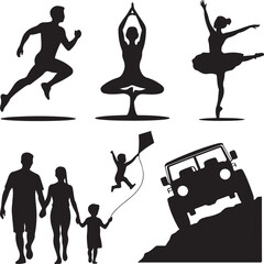 Diverse Silhouettes of People and Vehicles Engaged in Activities Keywords: silhouette, running man