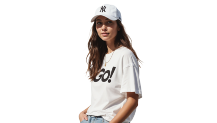 Young woman wearing a white go shirt and cap poses confidently against a minimalist backdrop in bright daylight