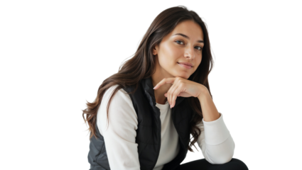 Young woman posing thoughtfully in casual attire against a light background during daytime