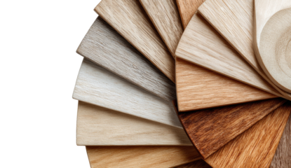 Wood laminate samples in a circular display.  Various shades of light and dark wood tones.  Organized fan-like pattern