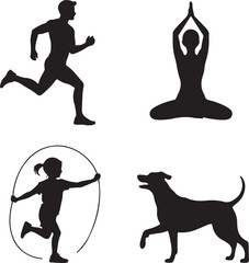 Four Silhouettes Of People And A Dog Engaged In Activities Keywords: silhouette, running man, yoga