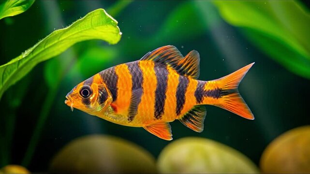A tiger barb fish with bright orange and black stripes swims in a freshwater aquarium