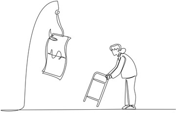 Continuous one line drawing grandma chasing a hook with a dollar bill attached to it. Tempted by fake investments. National Senior Fraud Awareness Day. Single line draw design vector illustration