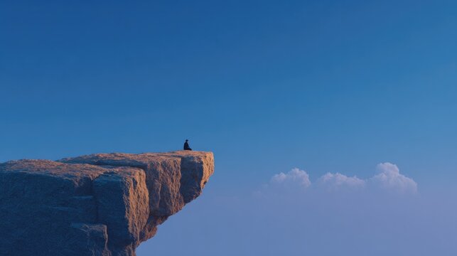 Lonely figure perched on dramatic cliff, gazing into vast blue s