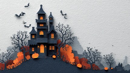 Paper Cut Halloween Haunted House with Pumpkins