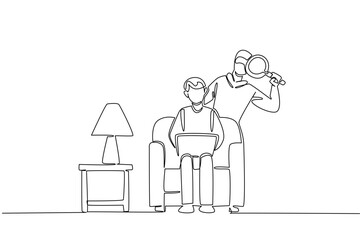 Single continuous line drawing grandpa sit on the sofa hold laptop with a thief using a magnifier behind. Not safe. Secureles. National Senior Fraud Awareness Day. One line design vector illustration
