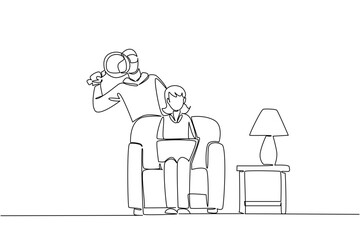 Continuous one line drawing grandma sit on sofa hold laptop with thief using magnifier behind. Silent data theft. National Senior Fraud Awareness Day. Single line draw design vector illustration