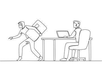 Single one line drawing grandpa typing on laptop and thief taking credit card from behind screen. Lack of awareness. National Senior Fraud Awareness Day. Continuous line design graphic illustration