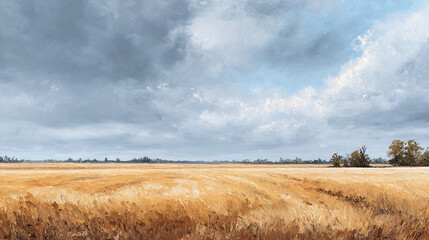 A vast golden field of ripe wheat sways under a dramatic, cloudy sky with a patch of blue.