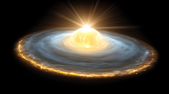 A glowing protostar surrounded by a swirling protoplanetary disk of gas and dust, illustrating early star formation in space