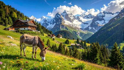 A picturesque landscape features a donkey grazing amidst the Swiss Alps