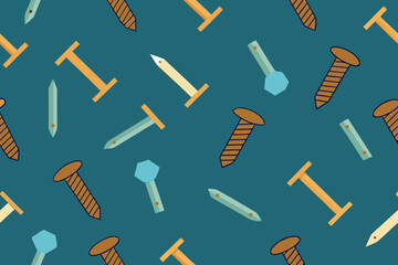 Pattern of screws and tools in various colors on teal background  