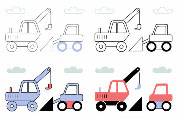 Various excavators and trucks illustrated in playful style  