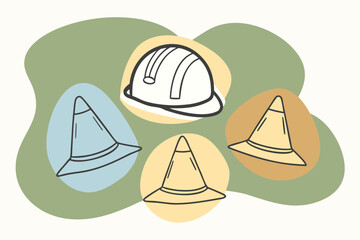 Construction helmet and traffic cones on colorful abstract background  