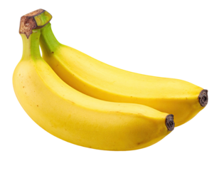 Two ripe bananas, slightly curved, yellow-skinned, with green stems