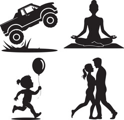 Monster truck yoga person running child with balloon dancing couple silhouettes vehicle