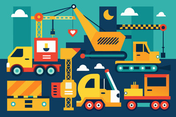 Construction vehicles and equipment in colorful flat design  