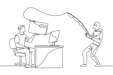 Single one line drawing man typing on laptop and thief fishing for large credit card. Indifference to data security. National Senior Fraud Awareness Day. Continuous line design graphic illustration