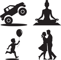 Silhouette icons of a monster truck yoga person child with balloon and couple Keywords: silhouette
