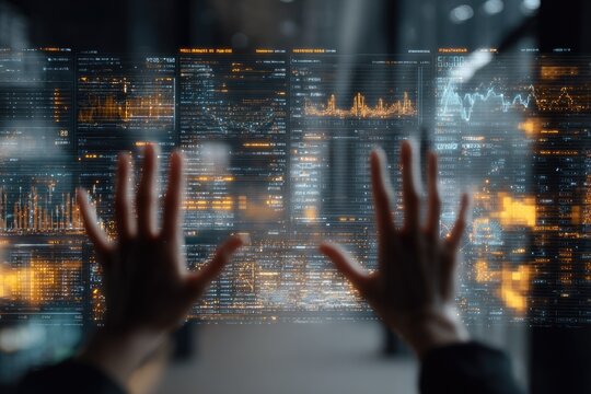 Hands interacting with a holographic display of financial data