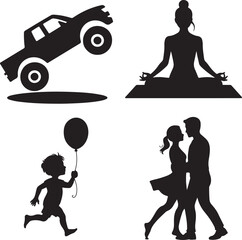 Monster truck yoga person running child with balloon dancing couple silhouettes vehicle