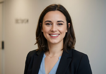 A smiling young professional woman in a business suit, looking directly at the camera in an office setting.