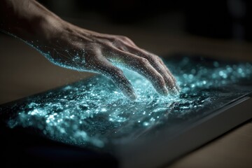Close-up of a hand interacting with a glowing, digital surface