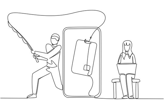 Single continuous line drawing a woman sits on small sofa hold laptop and thief fishing credit card. No security layer. Hack. National Senior Fraud Awareness Day. One line design vector illustration